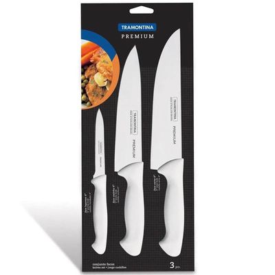 Jogo De Facas 3 Peças Premium Inox Tramontina Legumes Carnes Branco