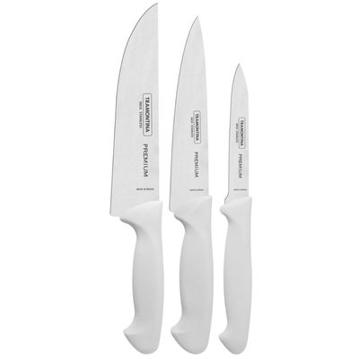 Jogo De Facas 3 Peças Premium Inox Tramontina Legumes Carnes Branco