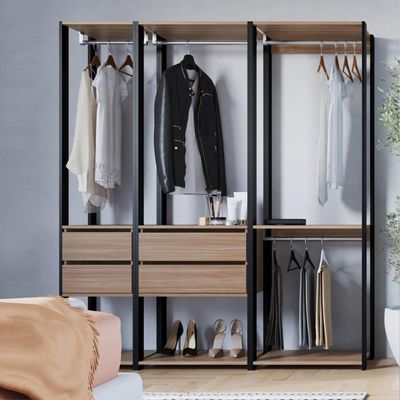 Guarda Roupa Closet 3 peças Cabideiro Gaveta Preto e Montana com Nichos Easy Prodecor