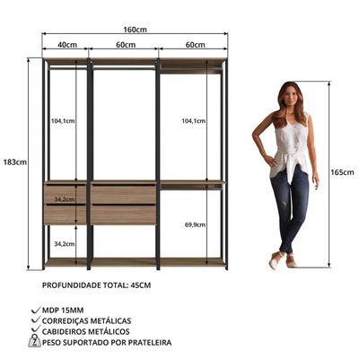Guarda Roupa Closet 3 peças Cabideiro Gaveta Preto e Montana com Nichos Easy Prodecor
