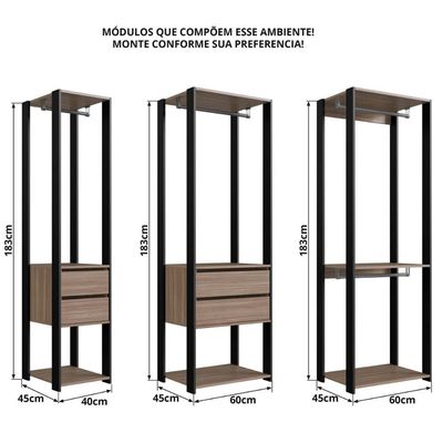 Guarda Roupa Closet 3 peças Cabideiro Gaveta Preto e Montana com Nichos Easy Prodecor