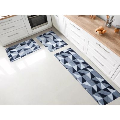 Kit Tapetes E Passadeira Antiderrapante Para Cozinha Cor Triângulos Azul
