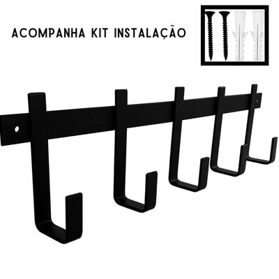 Kit 5 Cabideiros de Parede com 5 Ganchos em Aço Preto para Pendurar Roupas Mochilas Bolsas Guarda Chuva