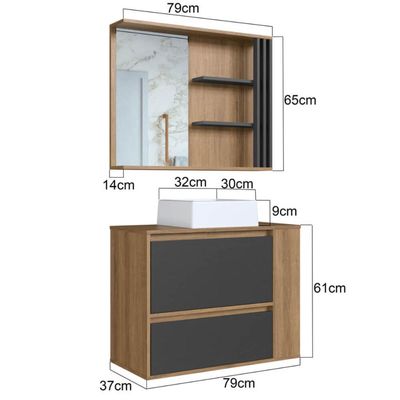 Gabinete 80cm Estela Mel Grafite Cuba Branca com Espelheira 1 Gavetão E 1 Basculante Armário de Banheiro