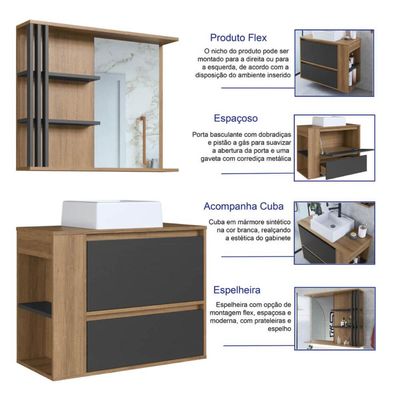Gabinete 80cm Estela Mel Grafite Cuba Branca com Espelheira 1 Gavetão E 1 Basculante Armário de Banheiro