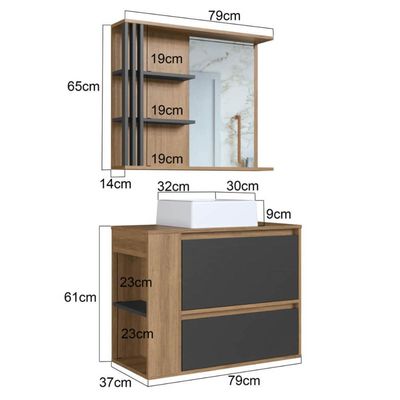 Gabinete 80cm Estela Mel Grafite Cuba Branca com Espelheira 1 Gavetão E 1 Basculante Armário de Banheiro