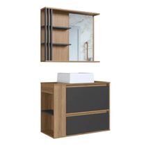 Gabinete 80cm Estela Mel Grafite Cuba Branca com Espelheira 1 Gavetão E 1 Basculante Armário de Banheiro