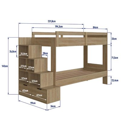 Beliche Infantil com Escada, Nichos e Gavetas Aveiro OAK