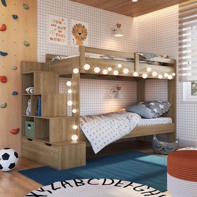 Beliche Infantil com Escada, Nichos e Gavetas Aveiro OAK