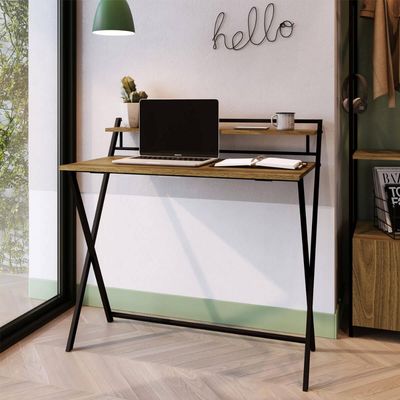 Escrivaninha Dobrável Com Prateleira Preto e Noce Oro 90 Cm Estilo Industrial Placa e Ponto