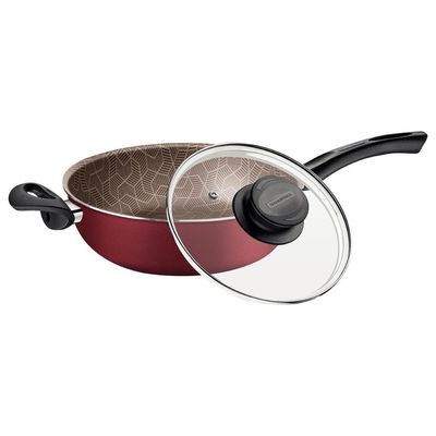 Frigideira Wok Antiaderente de Starflon com Tampa de Vidro 24cm Tramontina Paris 2,8l Vermelho