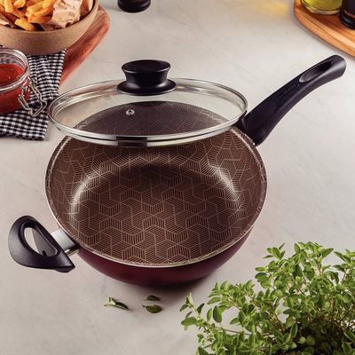 Frigideira Wok Antiaderente de Starflon com Tampa de Vidro 24cm Tramontina Paris 2,8l Vermelho