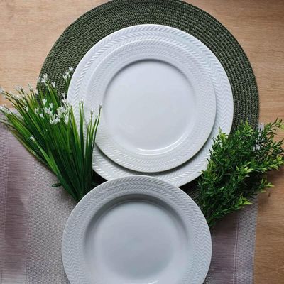 Jogo 6 Pratos Fundos Redondos 23,5cm Porcelana Relevo Germer Branco Mesa Posta