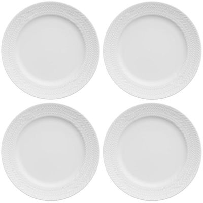 4 Pratos de Sobremesa 21cm em Porcelana Relevo Chevron Germer Branco Redondo