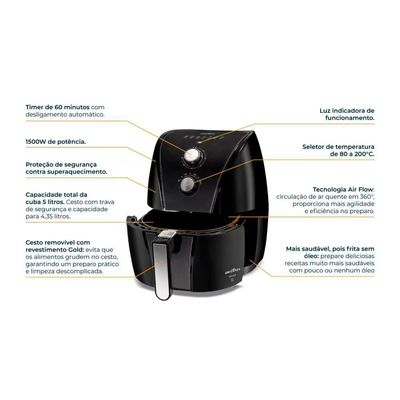 Fritadeira Elétrica Sem Óleo Air Fryer Britânia BAF45A com Revestimento Antiaderente Gold 5L Preto / 220V