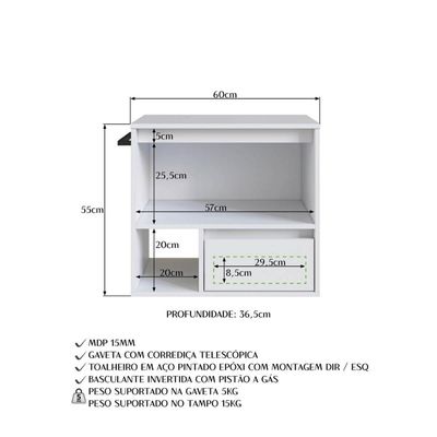 Gabinete de Banheiro Suspenso Branco 60cm com Toalheiro 1 Porta e 1 Gaveta BH8050