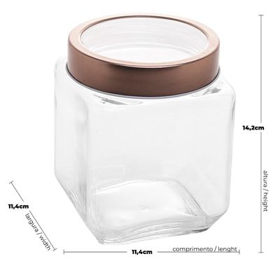 Pote de Vidro 1,2L Quadrado com Tampa Metal Mantimentos Rosé Gold Gran Gastro Lyor