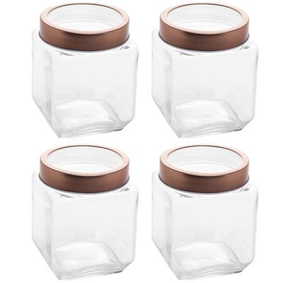 Kit 4 Pote de Vidro 1,2L Quadrado com Tampa Metal Mantimentos Rosé Gold Gran Gastro Lyor