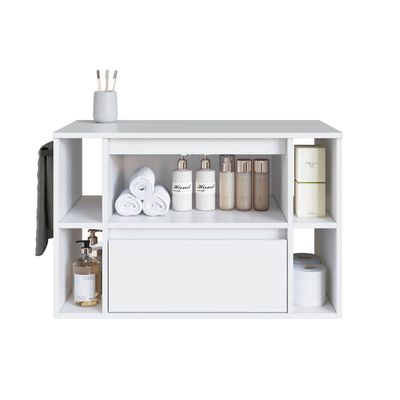 Gabinete de Banheiro Suspenso 80cm Branco 4 Nichos 1 Toalheiro 1 Porta e 1 Gaveta BH8010
