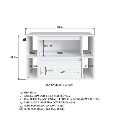 Gabinete de Banheiro Suspenso 80cm Branco 4 Nichos 1 Toalheiro 1 Porta e 1 Gaveta BH8010