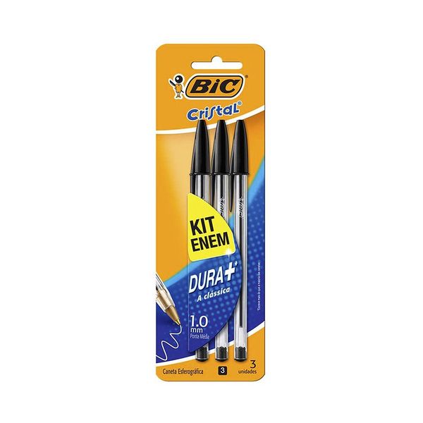 Caneta Esferográfica Bic Cristal Kit Enem Preta com 3 Unidades