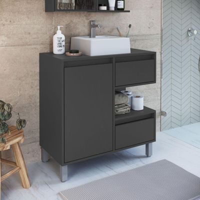 Gabinete Banheiro 80cm Paula Grafite com Cuba Branca Gavetas 1 Porta e 1 Nicho