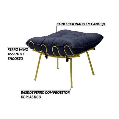 Puff Decorativo Sala de Estar Abel Pés Dourado Veludo Azul - Gran Belo