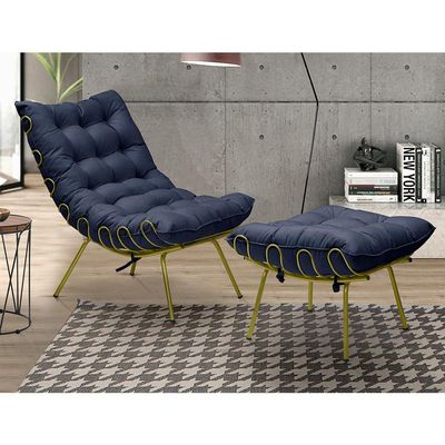 Puff Decorativo Sala de Estar Abel Pés Dourado Veludo Azul - Gran Belo