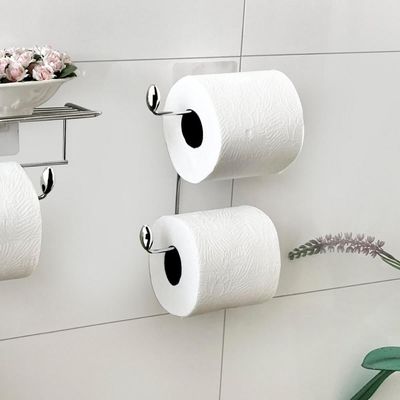 Suporte para Papel Higiênico Duplo Aço Cromado Fixação Adesiva Parede Utimil