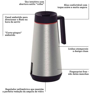 Bule Térmico Tramontina Exata em Aço Inox 1L Café Garrafa Térmica Servir Cinza