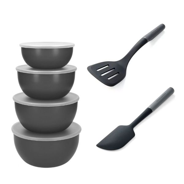 KIT KITCHENAID 4 TIGELAS DE PREPARAÇÃO E 2 ESPÁTULAS RASPADORA E PERFURADA CINZA