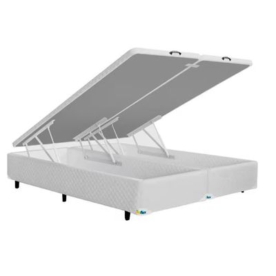 Cama Box Queen Size MGA Universal com Baú e Pistão a Gás + Colchão Umaflex Itália com Pillow Top e Molas Ensacadas Bege e Branco