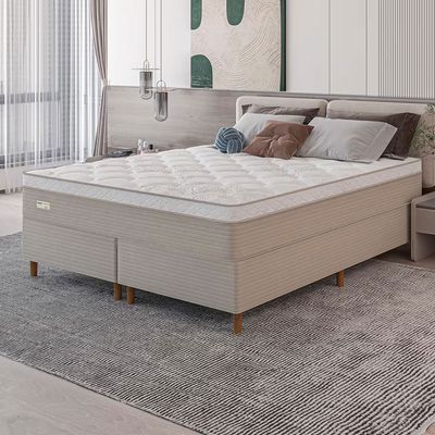 Cama Box King Size Umaflex Milão Bipartida com Revestimento em Malha + Colchão com Euro Pillow e Molas Ensacadas Bege e Branco