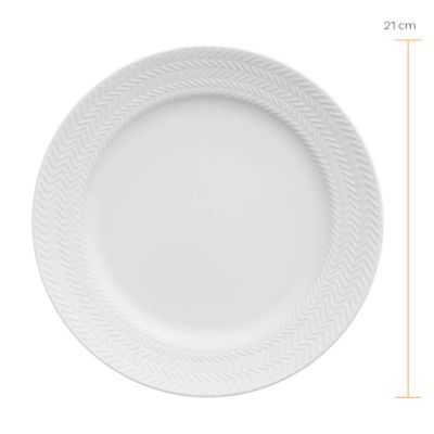 12 Pratos de Sobremesa 21cm Porcelana Relevo Chevron Germer Redondo Branco