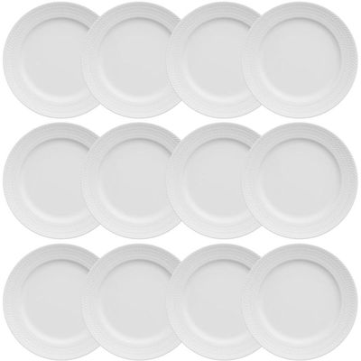 12 Pratos de Sobremesa 21cm Porcelana Relevo Chevron Germer Redondo Branco