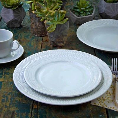 12 Pratos de Sobremesa 21cm Porcelana Relevo Chevron Germer Redondo Branco
