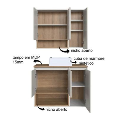 Gabinete 80cm Cecília Mel Arenas com Espelheira Cuba Branca 3 Portas E 1 Nicho De Banheiro