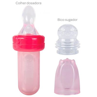 Chupeta Para Frutas Com Colher Dosadora E Bico Sugador Porta Frutinha Buba Rosa