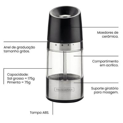 Kit 2 Moedores de Sal Pimenta Tramontina Realce Manual Temperos Especiarias Aço Inox Acrílico