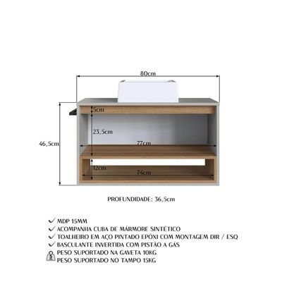 Gabinete Suspenso 80cm Mel Arenas com Cuba 1 Nicho 1 Porta e Toalheiro BH8060MACUBA