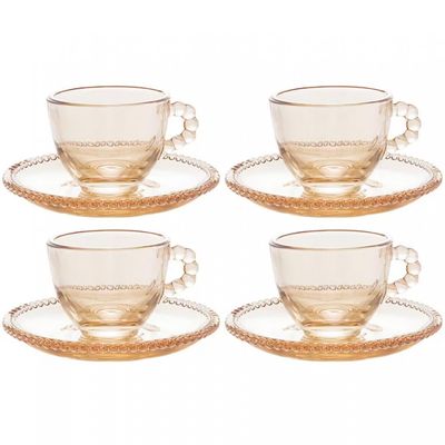 Conjunto com 4 Xícaras e Pires para Café Pearl em Cristal 80 ml Wolff Ambar