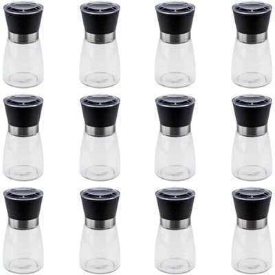 Kit 12 Moedores de Sal e Pimenta Lyor 170ml Vidro Moinho de Cerâmica e Tampa Plástica Preta