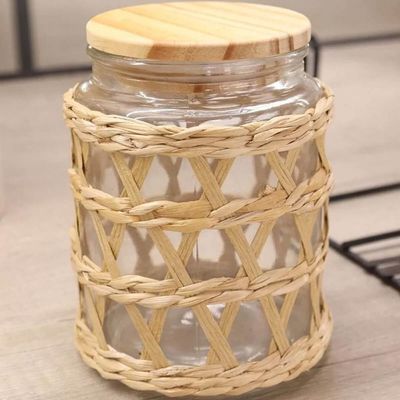 2 Potes Herméticos Vidro com Sisal Tampa Madeira Wolff 750ml Porta Mantimentos