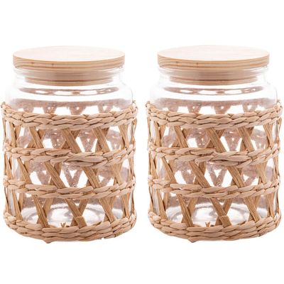 2 Potes Herméticos Vidro com Sisal Tampa Madeira Wolff 750ml Porta Mantimentos