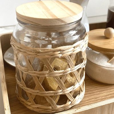 2 Potes Herméticos Vidro com Sisal Tampa Madeira Wolff 750ml Porta Mantimentos