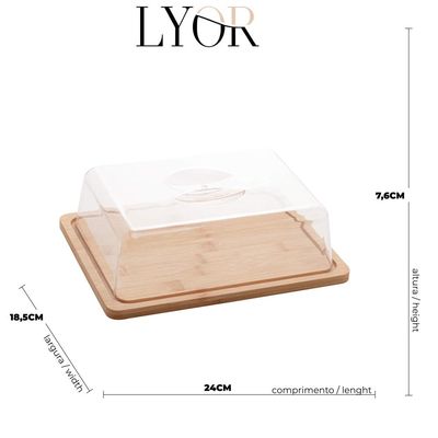 Queijeira de Bambu com Tampa de Plástico Prato Porta Frios Retangular Lyor 24x18x7cm