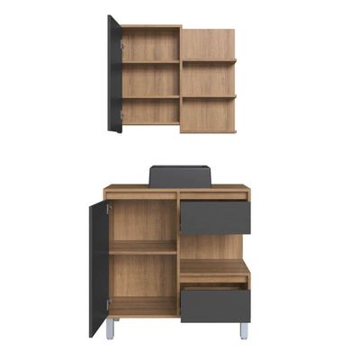 Gabinete 80cm Paula Mel Grafite Espelheira Porta Cuba Preta Em Mármore Sintético De Banheiro