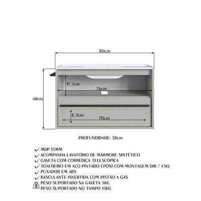 Gabinete Suspenso 80cm com Lavatório 1 Porta 1 Gaveta Arenas acompanha 1 Toalheiro BH8030ACUBA