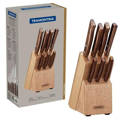 Jogo de Facas Tramontina Tradicional Aço Inox e Madeira Natural com Suporte 8 Peças