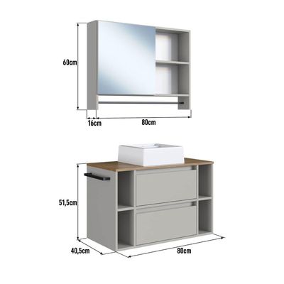 Gabinete Suspenso 80cm Cuba Espelheira Toalheiro Mel Arenas Conjunto para Banheiro com Espelheira CJ8010.20MA